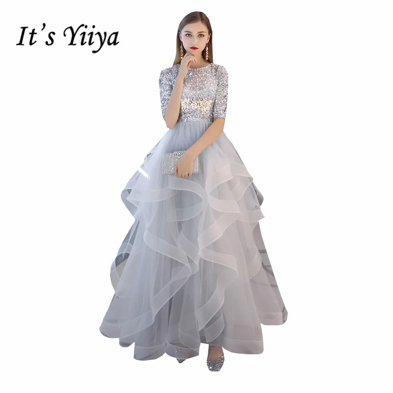

It's YiiYa Evening Dress Silver Bling Sequins Tiered Hem evening Gown O-neck Short Sleeve Long Formal Dresses More Colors LX1398
