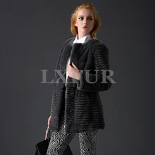 Elegant Full Pelt Stripe Rex Rabbit Fur Coats Graceful Real Rex Rabbit Fur Thick Jackets Winter Solid Overcoat LX00630