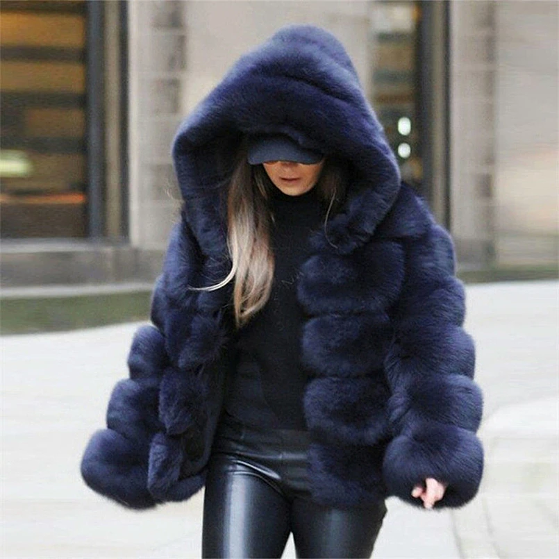 

2019 New Fashion Hooded Full Sleeves Winter Fur Coat Kahki Black Gray Casual Women Faux Fur Thick Warm Jacket Fourrure Femme