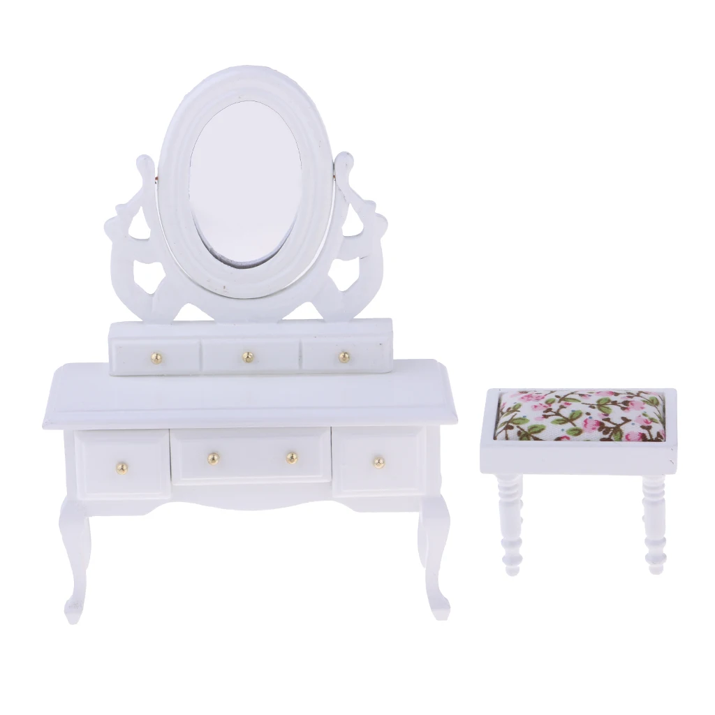 1/12 Dollhouse Bedroom Furniture Miniature Dressing Table And Stool White