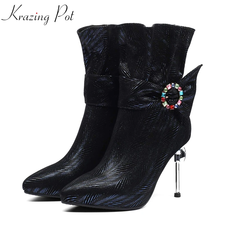 

Krazing Pot sheep suede pointed toe party printed leather beauty lady round crystal buckle brand keep warm mid-calf boots L31