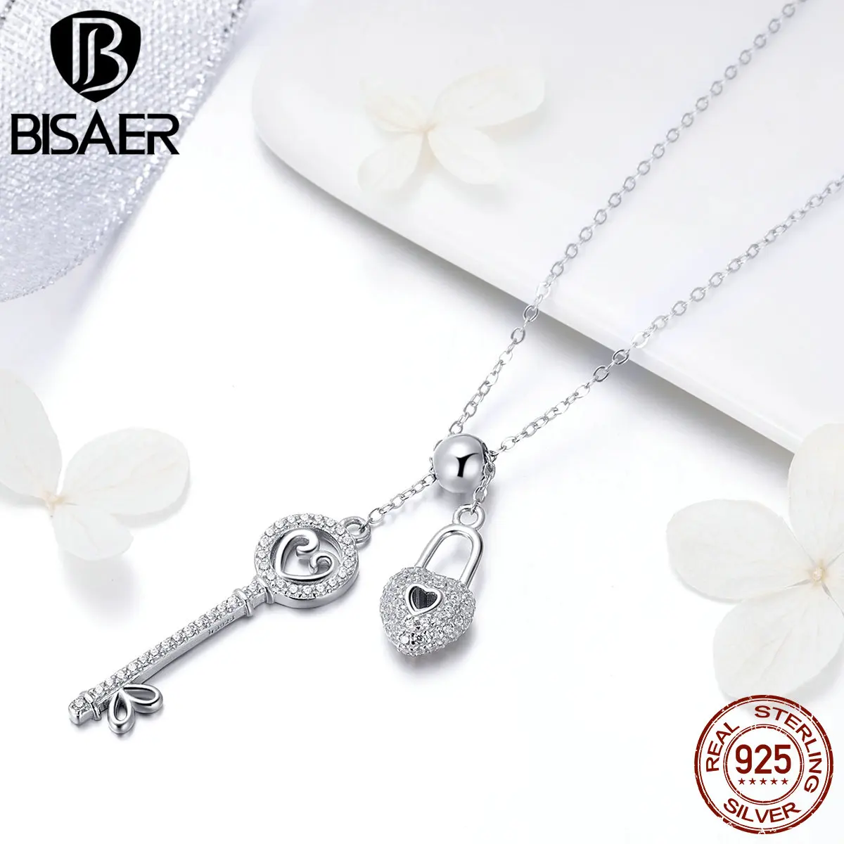 BISAER, 925 пробы, серебряное ожерелье с замком, подвеска s для женщин, прозрачный кубический циркон CZ, женское ожерелье, ювелирное изделие ECN290