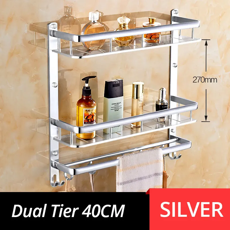 Dual Silver 40 MEIFUJU, Новая алюминиевая полка для ванной, Черное золото, полки для ванной комнаты, Стеллаж с крючками, одинарная двойная ярусная настенная угловая полка - Цвет: Dual Silver 40