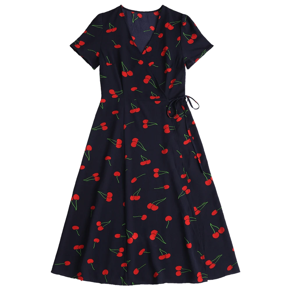 

ZAFUL Wrap Dress 2018 Sweet Women Cherry Printed A-Line Dress Short Sleeve Cross V Neck Tie Waist Ladies Dresses Midi Vestidos
