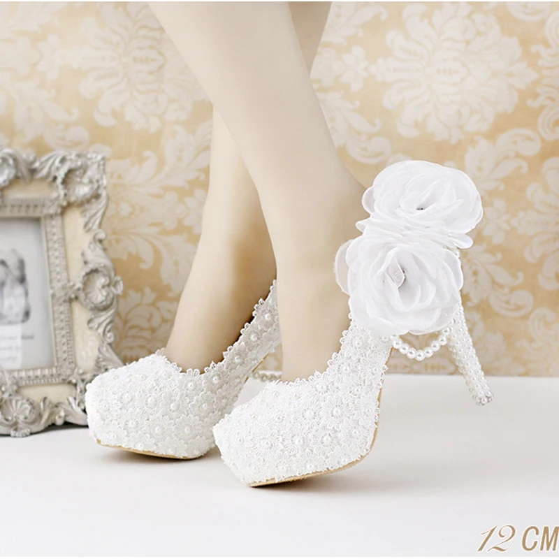 Lace pearl white flowers bridal shoes thin high heel platform shoes with pearl pendant round/pointed toe wedding shoes