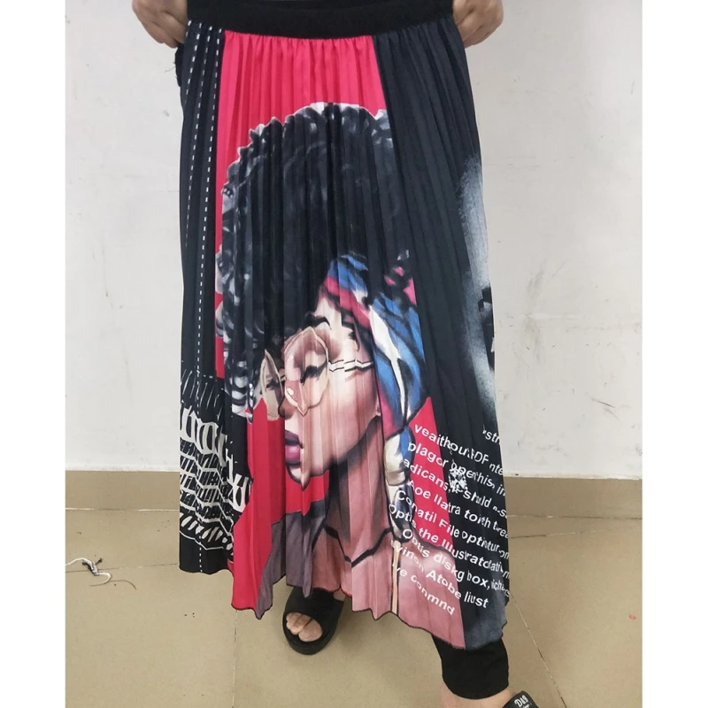 

Spring Summer Women Skirt Fashion Cartoon Print Pleated Long Maxi Skirts Female Elastic Waist Casual A-line Skirt Femme