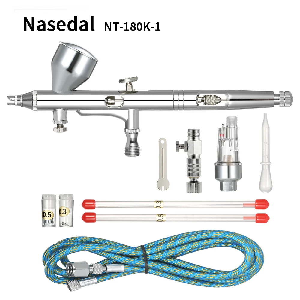 

Nasedal 9cc Dual-action Airbrush Gun Paint Spray Gun Nail Air Brush Makeup 0.2mm/0.3mm/0.5mm Nozzle Needle Cleaning Tool Hose