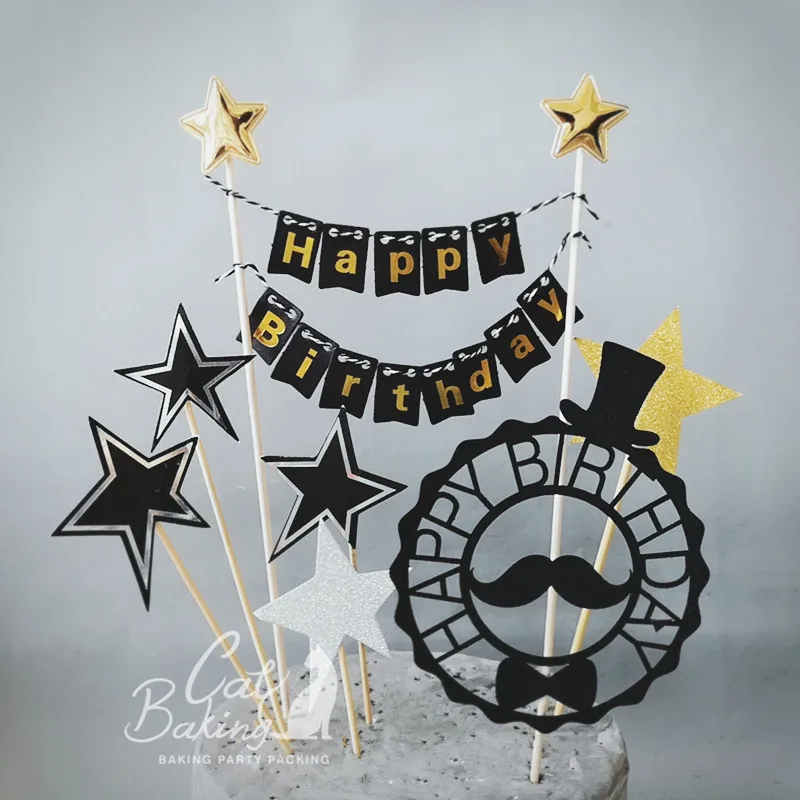 

Black Gold Star Mustache Hat Tassel "Happy Birthday" Collection Cake Topper Dessert Decoration for Wedding Birthday Party Gifts