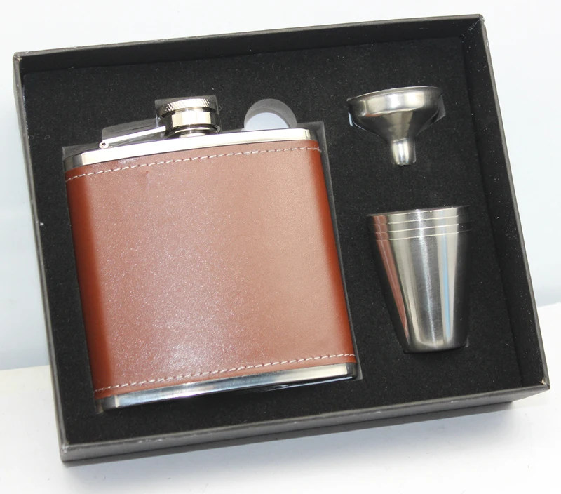 Brown pu leather wapped 6oz hip flask with 4 cups and one funnel in black gift box | Дом и сад