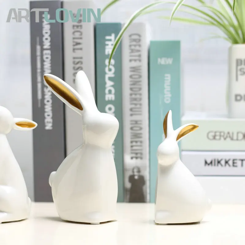 Новые поступления, современные керамические фигурки кролика с золотыми ушами, креативные статуи животных, ремесла, домашнее настольное украшение, 1 комплект