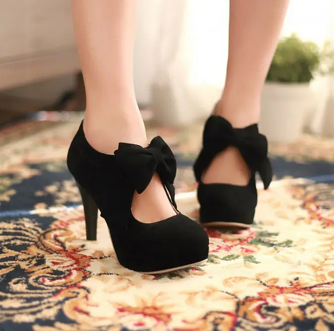 Women pumps Bow Round toe Thick Heels Platform High heels Thin heel Shoes  Closed Toe Big yards black beige|heel shoes|women pumpsround toe -  AliExpress