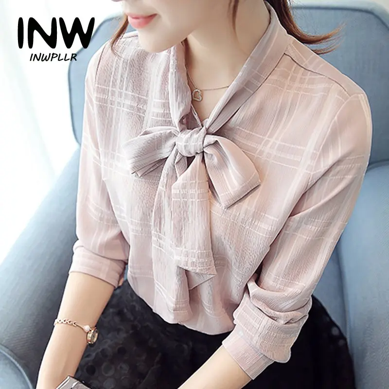 

New V-neck Cute Bow Long Sleeve Plaid Women Blouses Chiffon Tops Autumn Blouses Women's Shirts 2019 Fashion Plaid Office Shirt