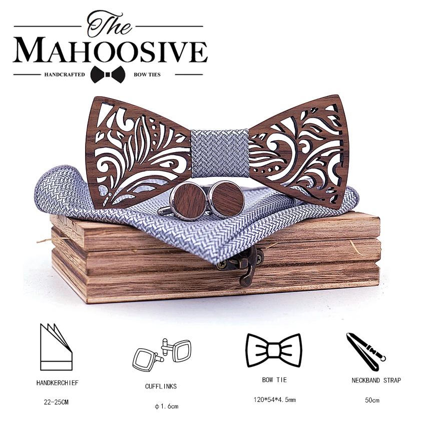  Wooden Bow Tie set and Handkerchief Bowtie Necktie Cravate Homme Noeud Papillon Corbatas Hombre Paj