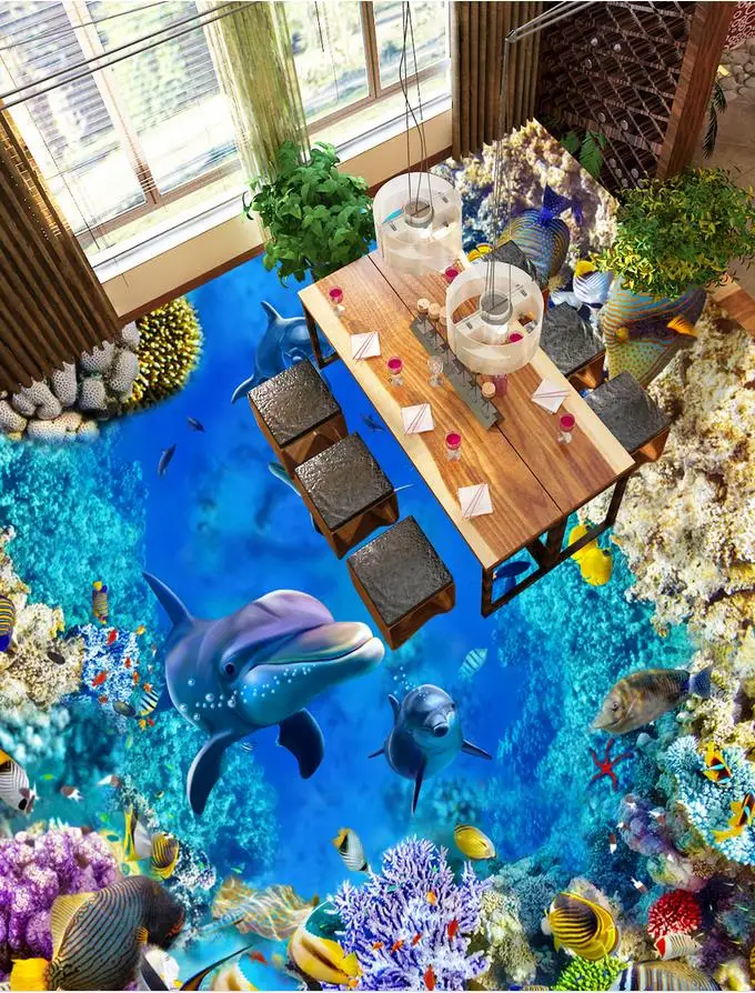 Фотообоями напольный Дельфин 3d Пол обои для домашнего украшения самоклеющиеся
