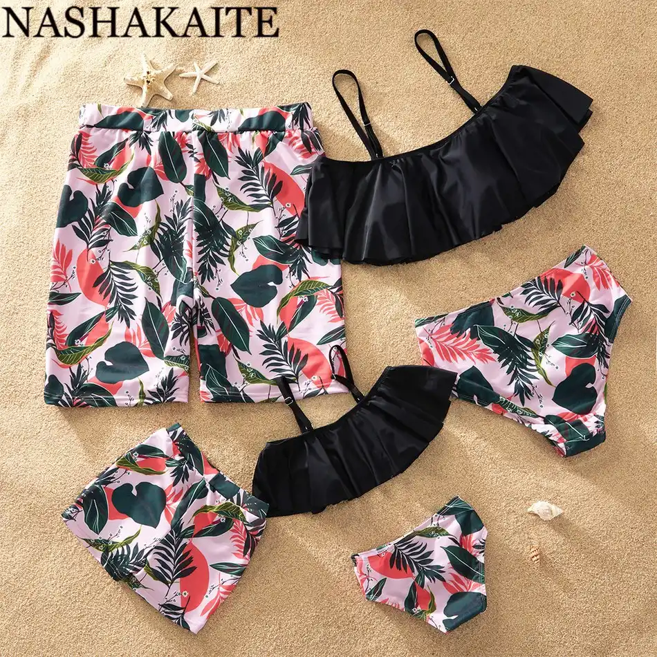 Nashakaite Maillot De Bain Pour Maman Fille Imprime Feuilles A Volants Ensemble Deux Pieces Pour Bebe Garcon Ou Fille Pour Papa Et Fils Shorts De Plage Aliexpress