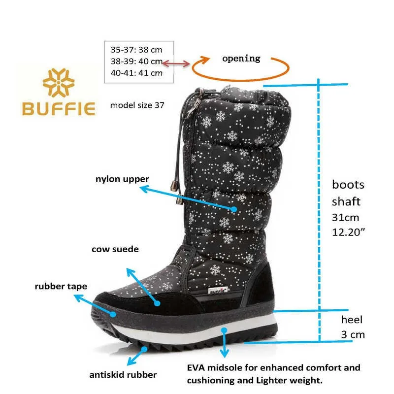 Классические зимние сапоги со снежинками женские водонепроницаемые сапоги до колена на молнии, без шнуровки, на плоской подошве, с круглым носком, зимняя обувь из хлопка Женская обувь 42