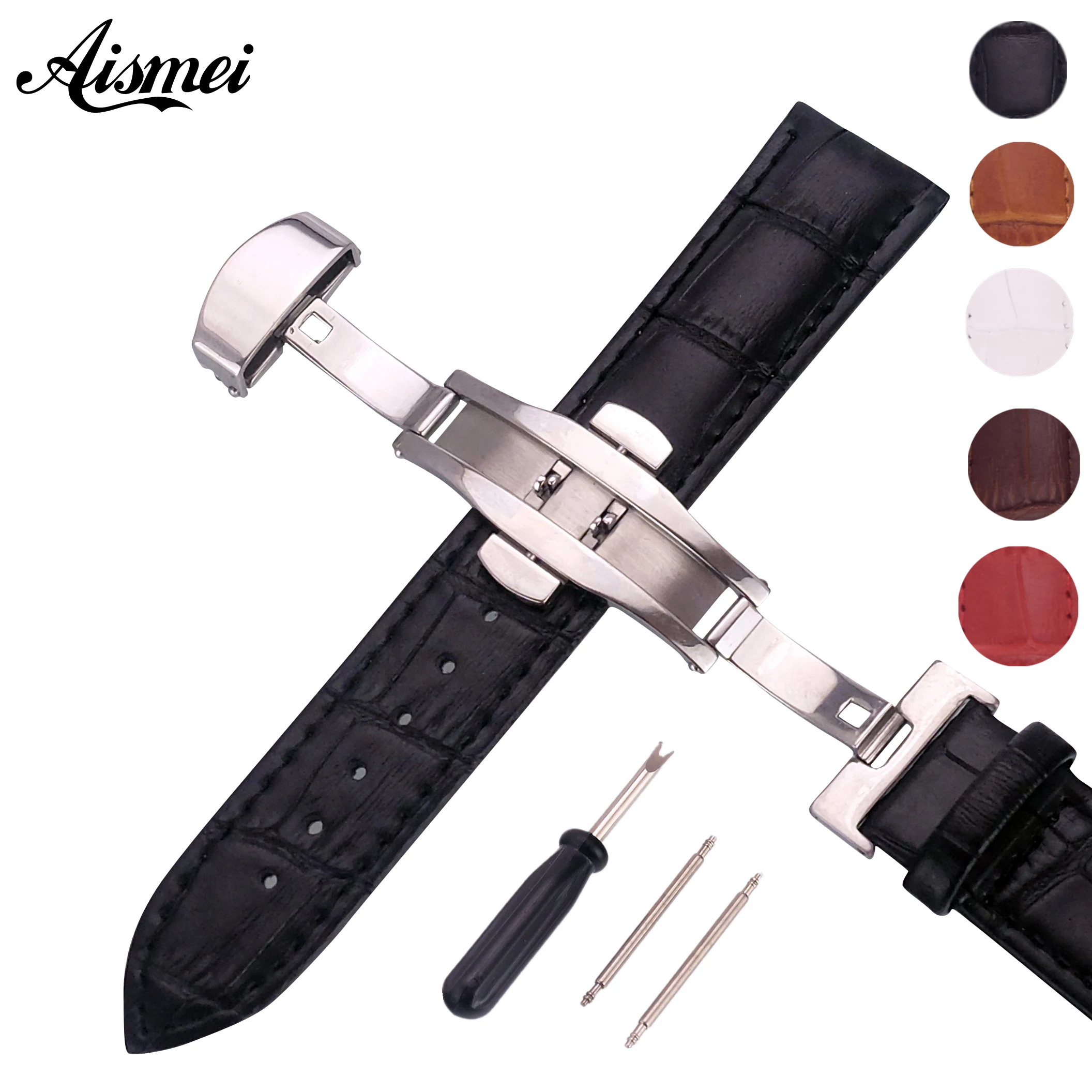

Men Women Watchband 12,14,16,18,20,22,24mm Genuine Leather Strap Alligator Grain push buttom clasp Watch Band with tool and pins