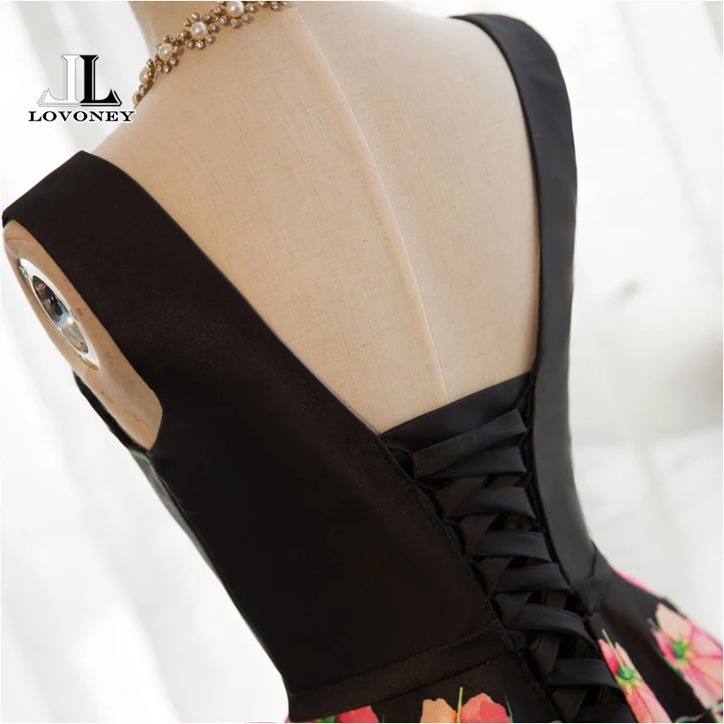 LOVONEY Evening Dresses Long A Line V Neck Sexy Formal Dress Flower Pattern Satin Party Dresses Evening Gown Lace-Up Back M242