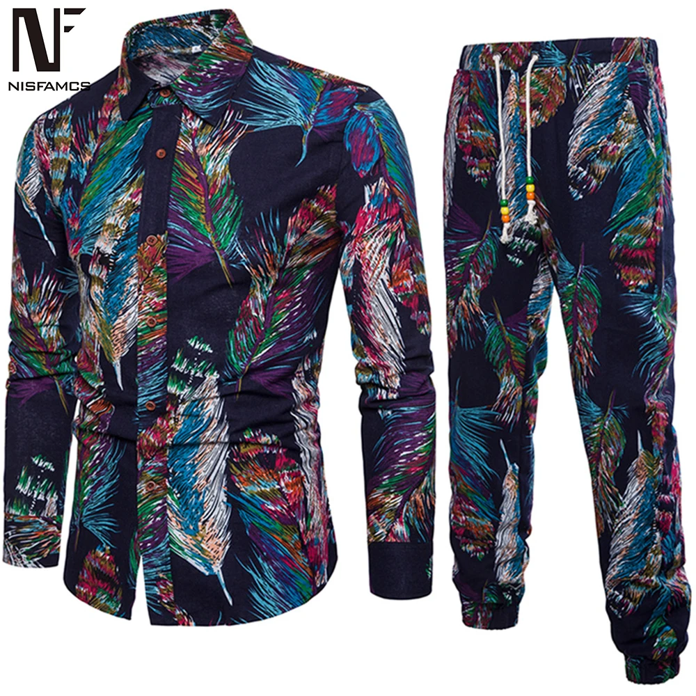 الملونة طباعة الذكور عطلة دعوى طويلة الأكمام سروال رجالي و قمصان حزب مجموعة 2019 جديد رياضية 5XL عالية الجودة الكتان الملابس