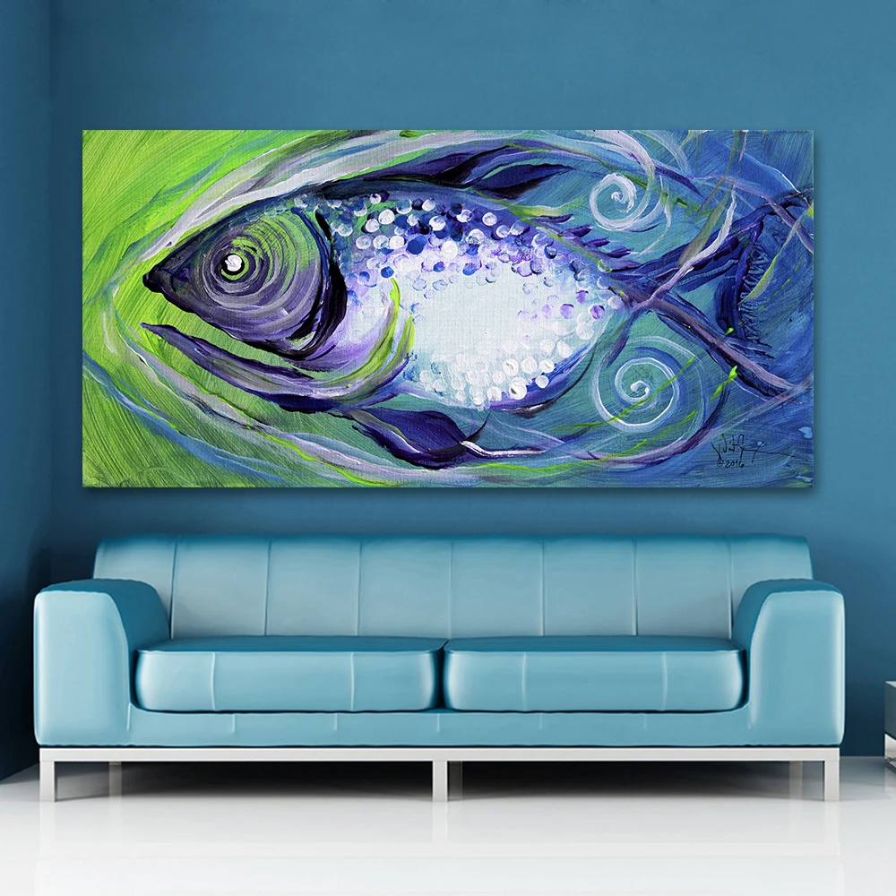 

AAHH Animal Abstract Painting Average Canvas Art Swimming Purple Fish Wall Pictures for Living Room Home Decor Printed