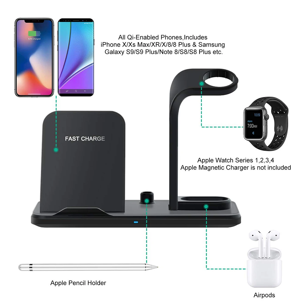 10 Вт 4 в 1 Qi Беспроводное зарядное устройство Подставка док-станция для Apple Iphone 11 Pro Max XS MAX XR 8 Plus X IWatch 4 3 2 Airpods индукция