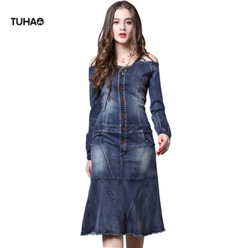 

TUHAO Autumn Hollow Out Denim Dress Pocket High Waist Slim Fit Ruffled Buttons Long Sleeve Vintage Dresses Women T82117