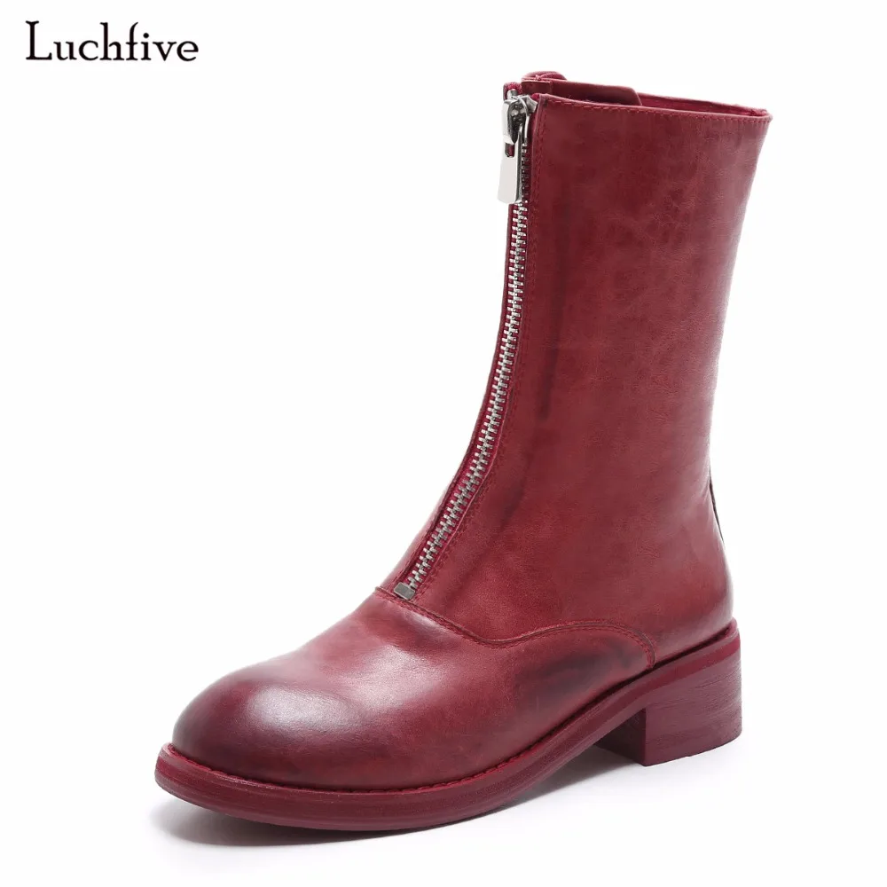

2017 Fall Fashion red white black Med high Heel Genuine Leather Martin Boots British retro Zipper decor Ankle Boots for Women