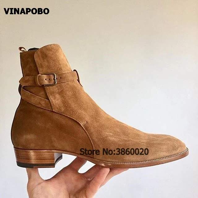 Tanie Man chelsea boots kowbojskie skórzane klamry botki trend w modzie na niskim obcasie buty na imprezę zamszowe buty męskie botki