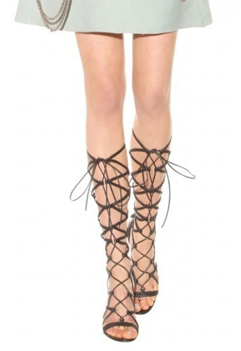 hot selling sexy open toe cut-outs high heel sandals black leather knee high gladiator boots lace up stiletto heel women shoes