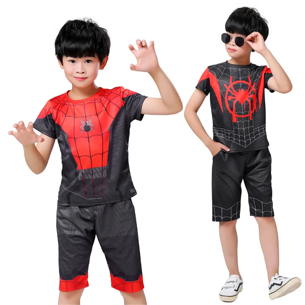 Косплей Человек паук: Into the Spider Verse летний детский костюм для мальчиков Miles Morales 3D