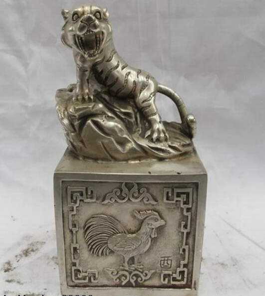 

Tibet Folk Silver Zodiac Tiger Seal Stamp carved Snake Chicken ox Statue