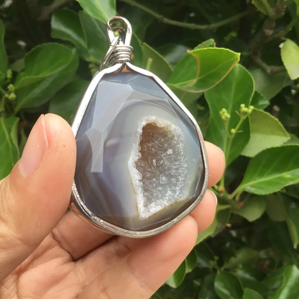 Натуральный агат Geode Drusy кулон полированный нерегулярный Кристалл ломтик ожерелье