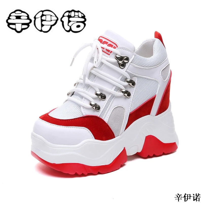 

New Soft Leather + Air Mesh Women's Chunky Sneakers 2018 Fashion Height Increasing Platform Shoes Woman Thick Soled Dad Sneakers
