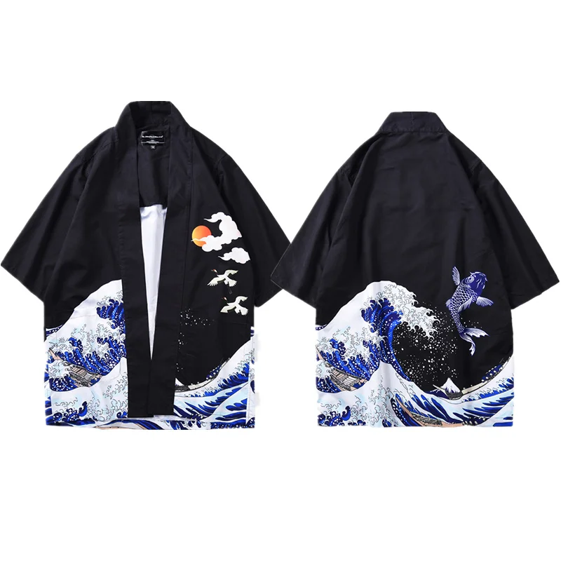 

Mr.1991INC Samura Wave Fish Print Japanese Style Asian Clothes Fashion Men Kimono Clothing Cardigan Jacket White Black 2 Colors