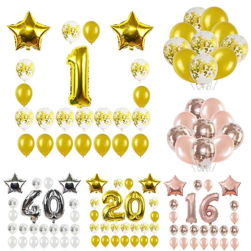 Rose Gold Silver Happy Birthday Balloon Set 40 inch Number Star Confetti Balloons 1 18 21 30 50 60th Birthday Anniversary Decor