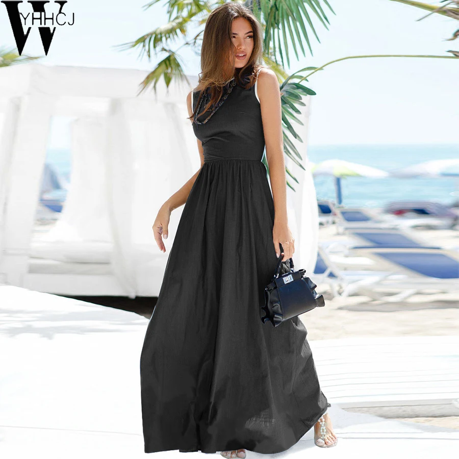 

2019 Bobo Women Dark Blue Boho Loose Sleeveless Holiday Solid Long Maxi Dress Evening Party Beach Dresses Summer Sundress