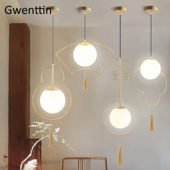 

Chinese Style Glass Ball Pendant Lamp Gold Hanging Lights for Living Room Bedroom Kitchen Light Fixtures Home Decor Luminaire