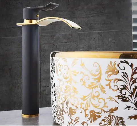 Модный золотой Латунный Кран-водопад для ванной туалетный сосуд раковины Смеситель кран холодной и горячей воды Хром, ординарный Рычаг - Цвет: gold and black long