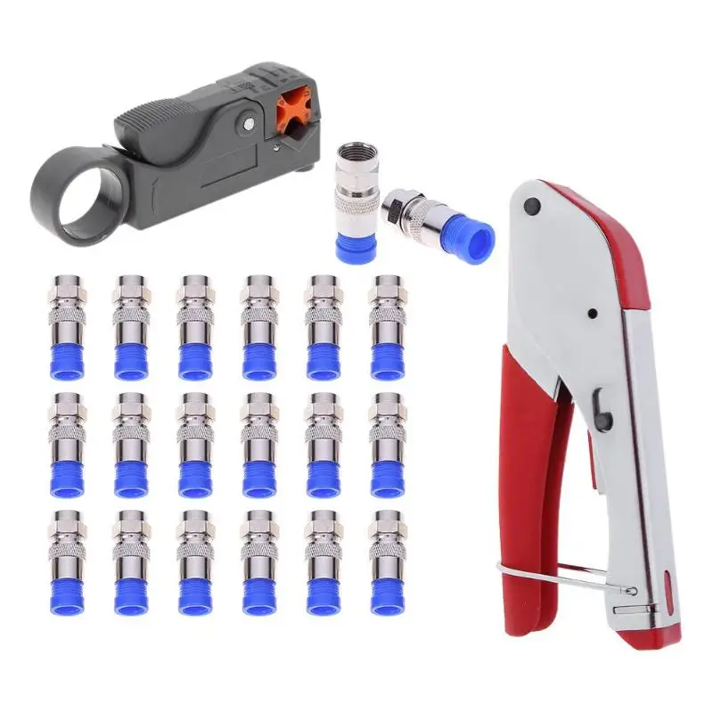 

New Multitool Wire Stripping Squeezing Pliers Coaxial Cable Cold Press Clamp RG59 RG6 Cable TV Crimping Tool Set with 20 F Heads