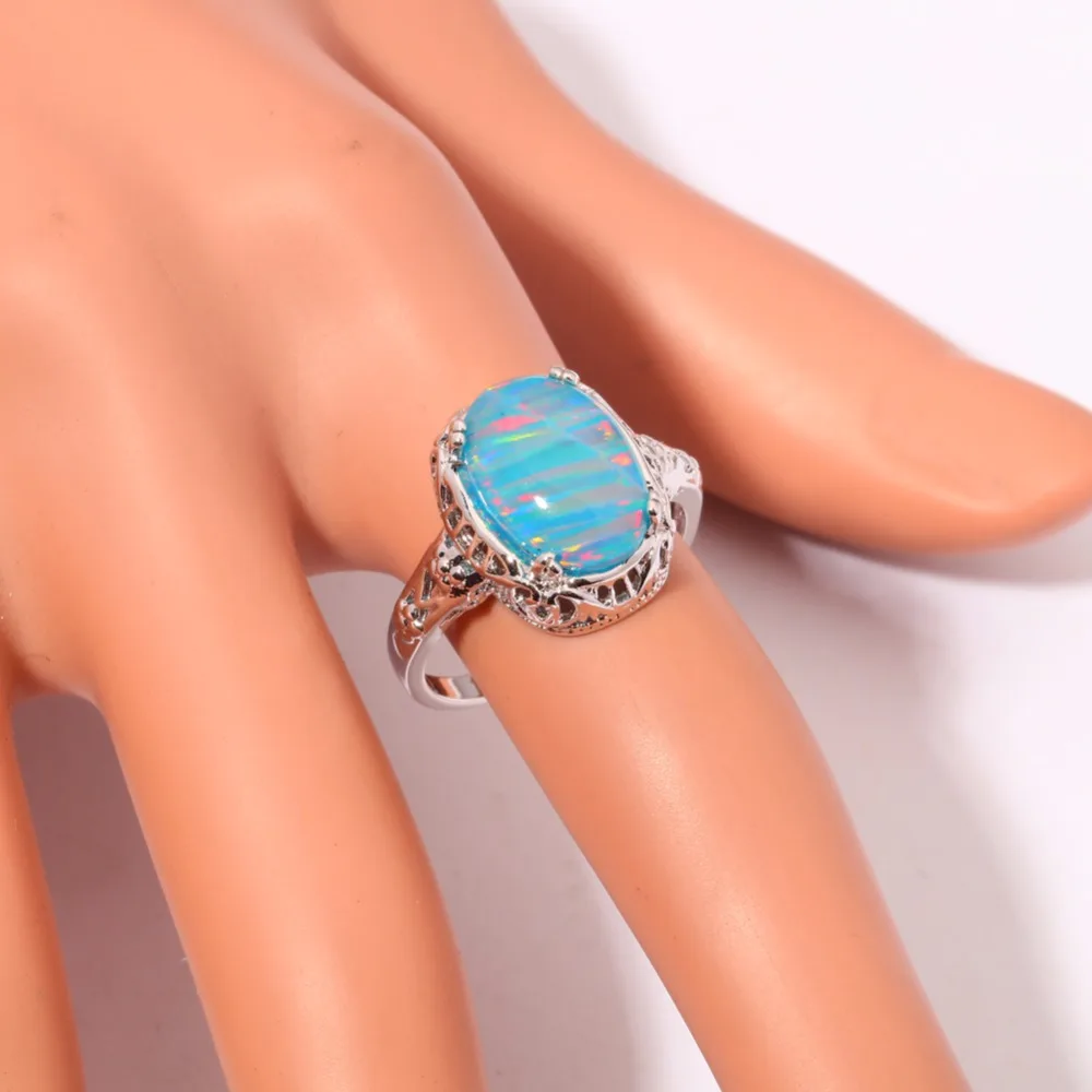 CiNily Created Rainbow Blue Fire Opal Silver Plated Wholesale Hot Sell for Women Jewelry Party Ring Size 7 8 9 OJ5703-04
