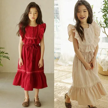 

Ruffled cotton girl dress princess girl 2019 flower sleeve toddler toddler girl summer red khaki costume