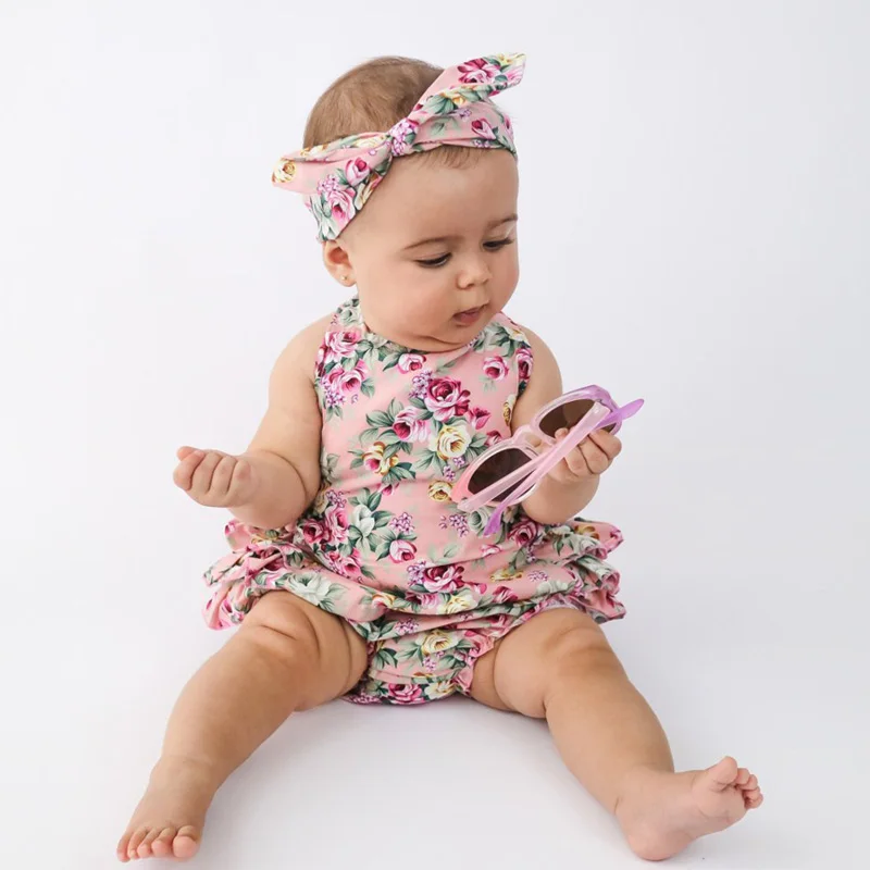 Baby Toddler Romper Set Little Girl Floral Romper and Headband Set Baby Summer Cotton Sunsuit Sewing Pattern Ruffled (7)