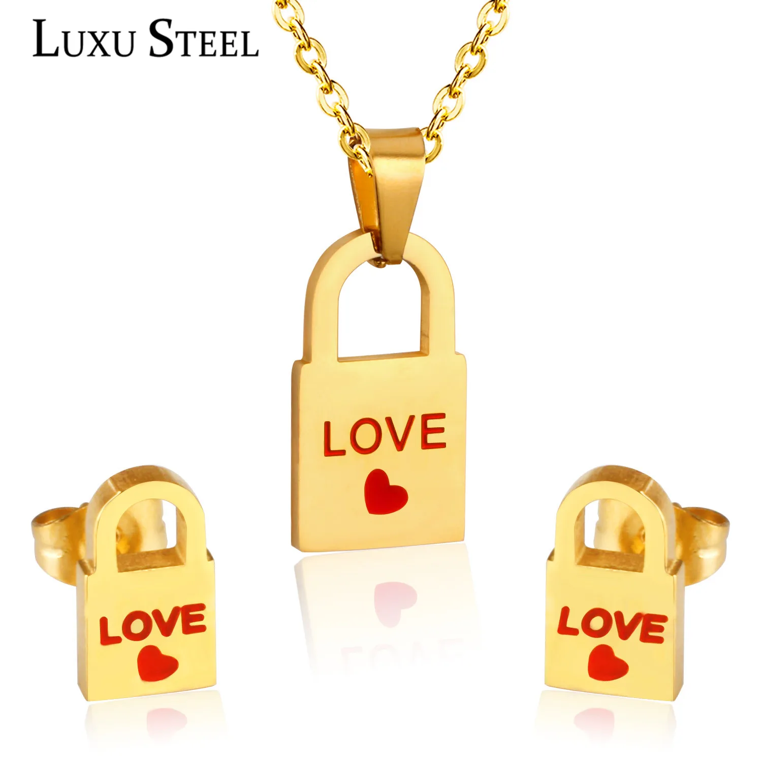 LUXUSTEEL bridal necklace set Stainless Steel Lock Pendant Necklace Earrings Brinco Party Gold Colro Collars Choker | Украшения и