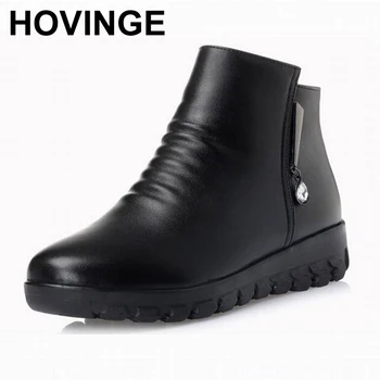 

HOVINGE Women winter boots 2018 new genuine leather women snow boots, big women naked boots, wool flat mother boots