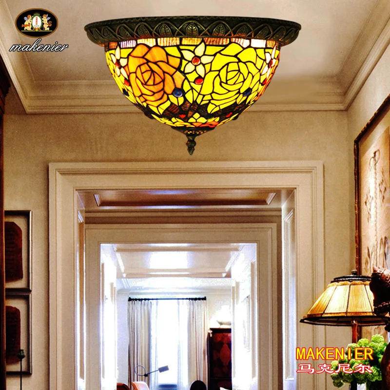 Us 190 0 Makenier Vintage Tiffany Style Stained Glass Rose Flower Flush Mount Ceiling Lamp 12 Inches Lampshade In Ceiling Lights From Lights