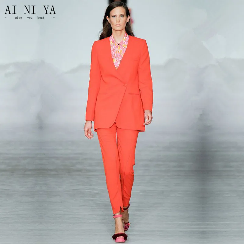 Orange Red Women Business Suits Slim Casual Formal Wear Ladies Elegant