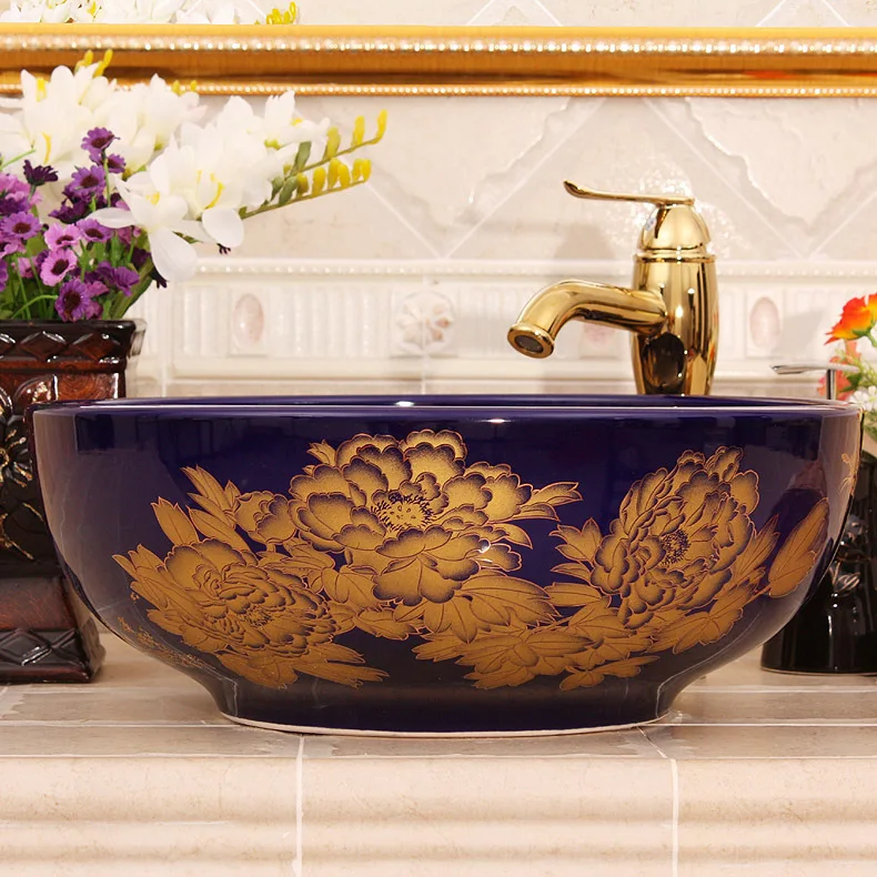 Синий Сапфир золотой пион живопись в китайском стиле умывальник тонкой керамики для ванной умывальник для ванной раковина умывальник керамический