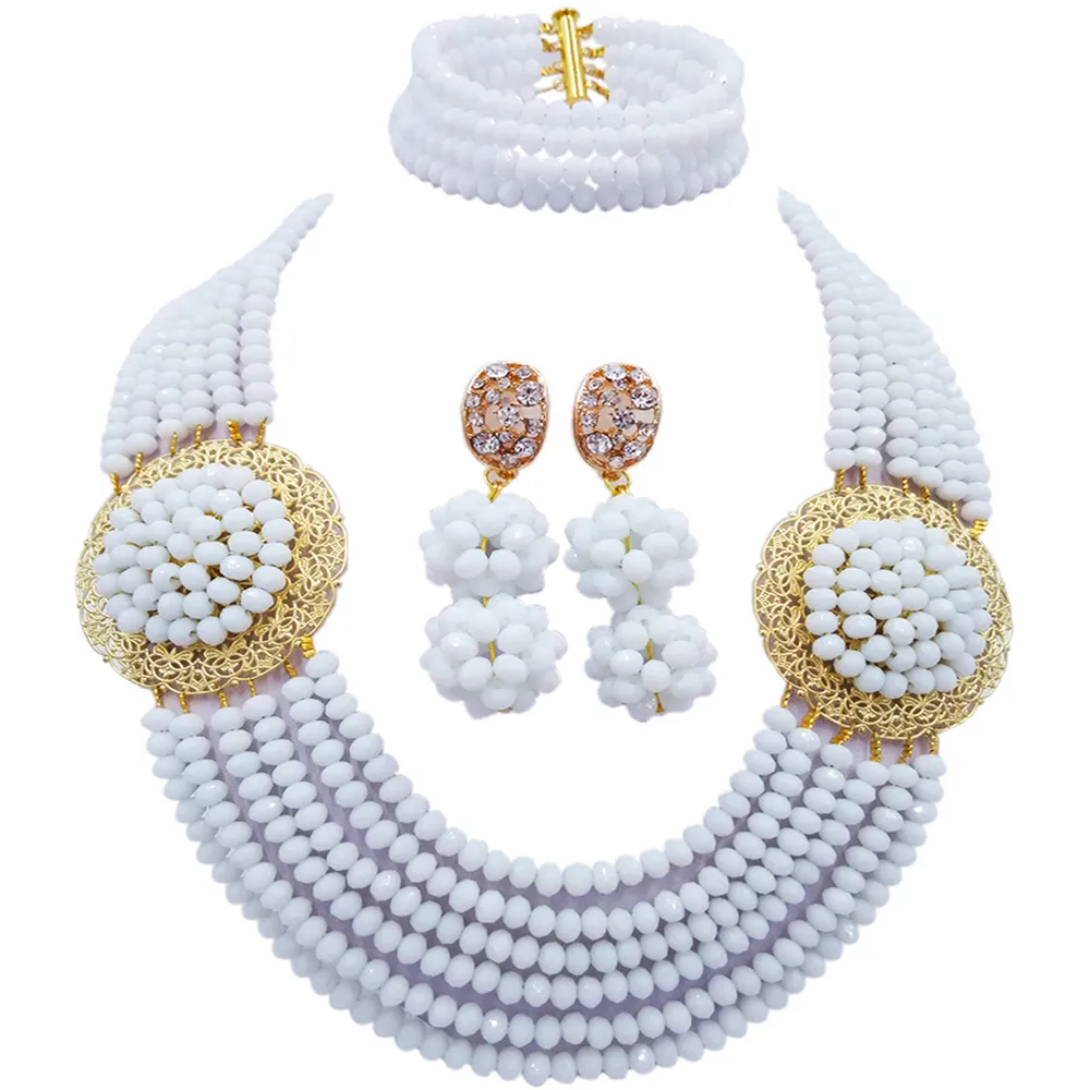 

Fashion White Costume African Beads Jewelry Set Crystal Nigerian Wedding Necklace Bracelet Earrings Sets 6LPH09