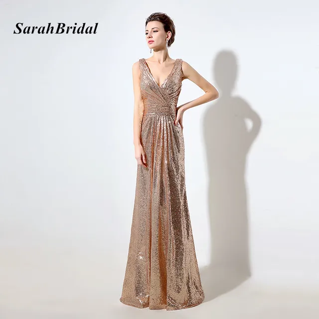 Cheap Rose Gold Sequin Bridesmaid Dresses Long 2017 Deep V Neck Sparkly