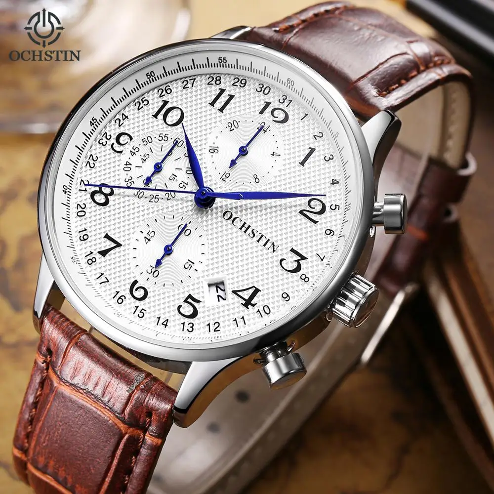 

OCHSTIN 2019 Mens Business Watches Top Brand Luxury Waterproof Chronograph Watch Man Leather Sport Quartz Wrist Watch Men Clock
